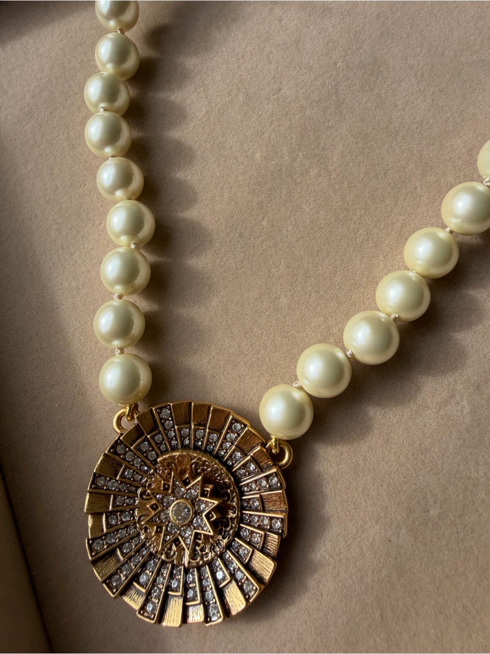 Pearl Necklace with Gold Sunburst Pendant - Cream Pearls